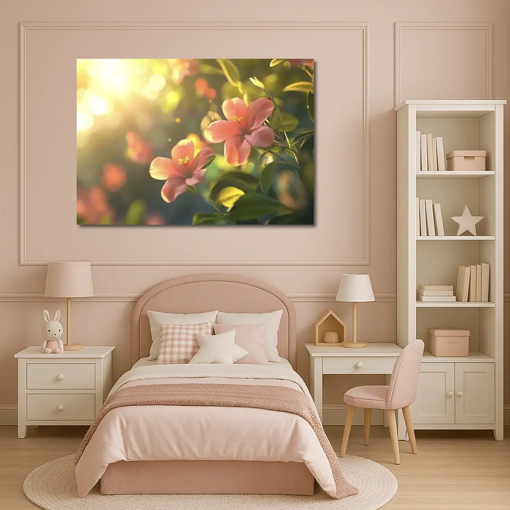 Pink Hibiscus Flowers Soft Sunlight Bokeh – Wall Art