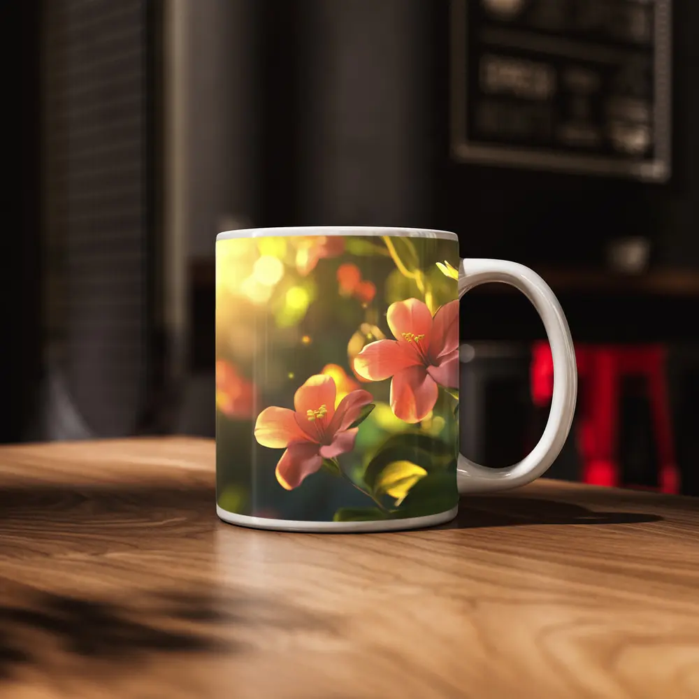 Pink Hibiscus Flowers Soft Sunlight Bokeh – Mugs