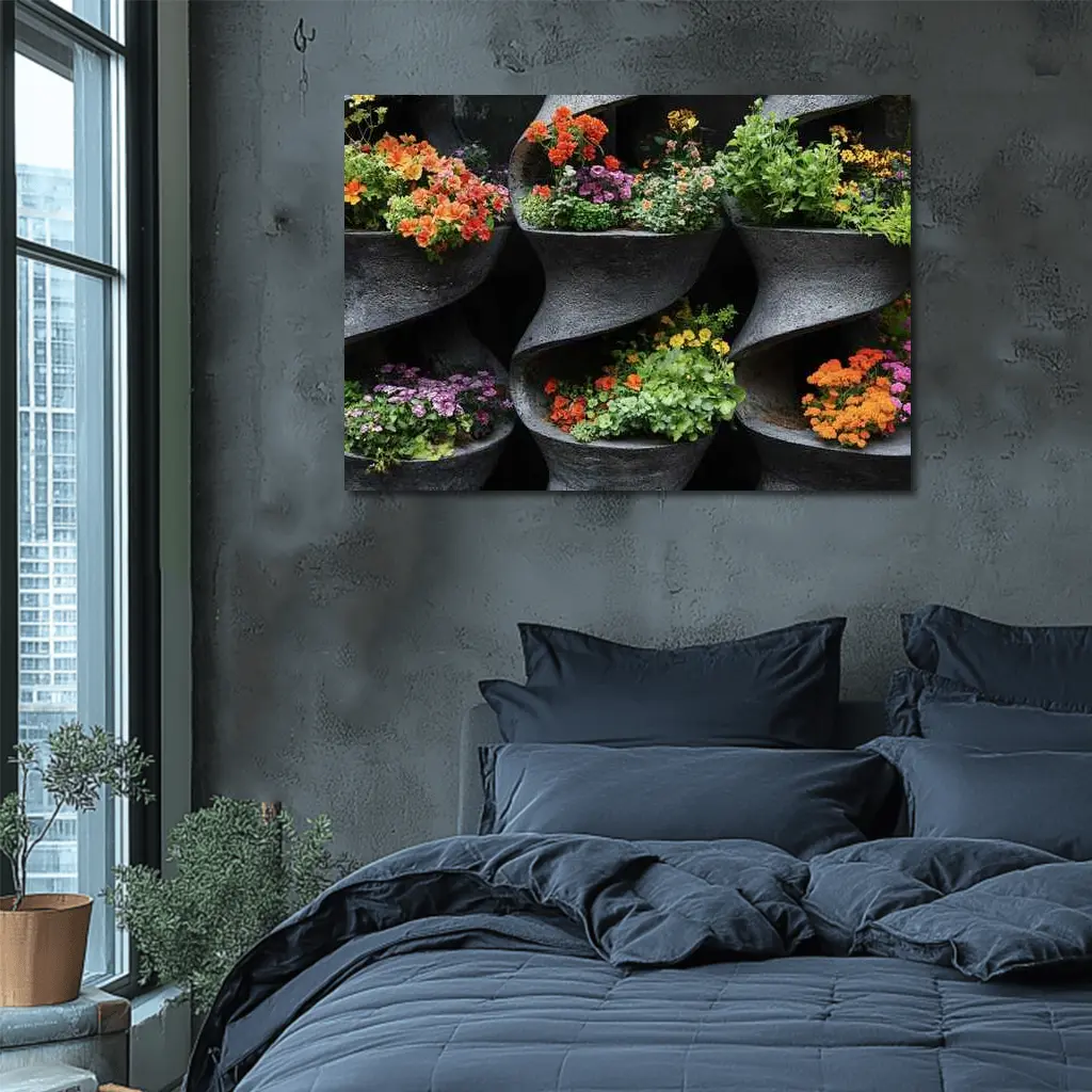 Colorful Flowers In Dark Spiral Wall Planters – Wall Art