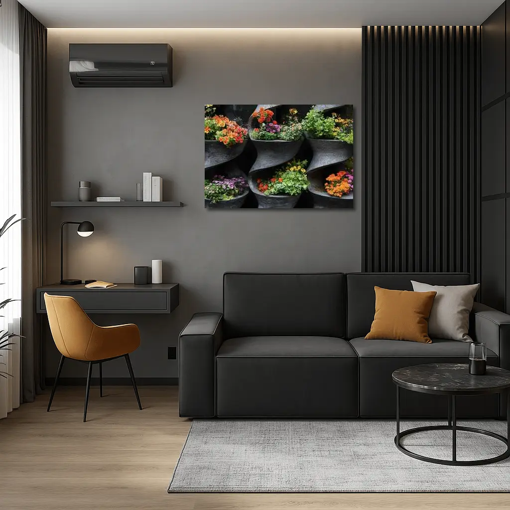 Colorful Flowers In Dark Spiral Wall Planters – Wall Art