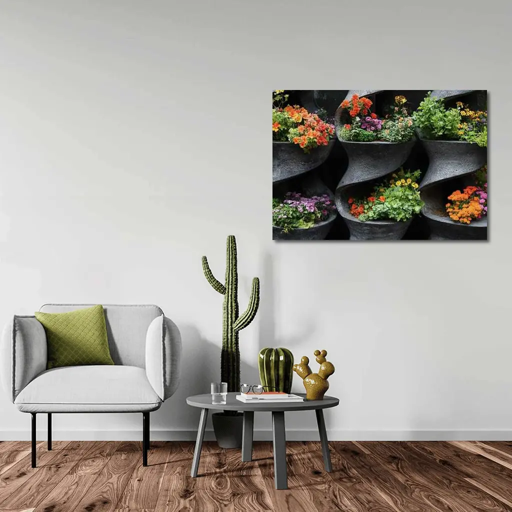 Colorful Flowers In Dark Spiral Wall Planters – Wall Art