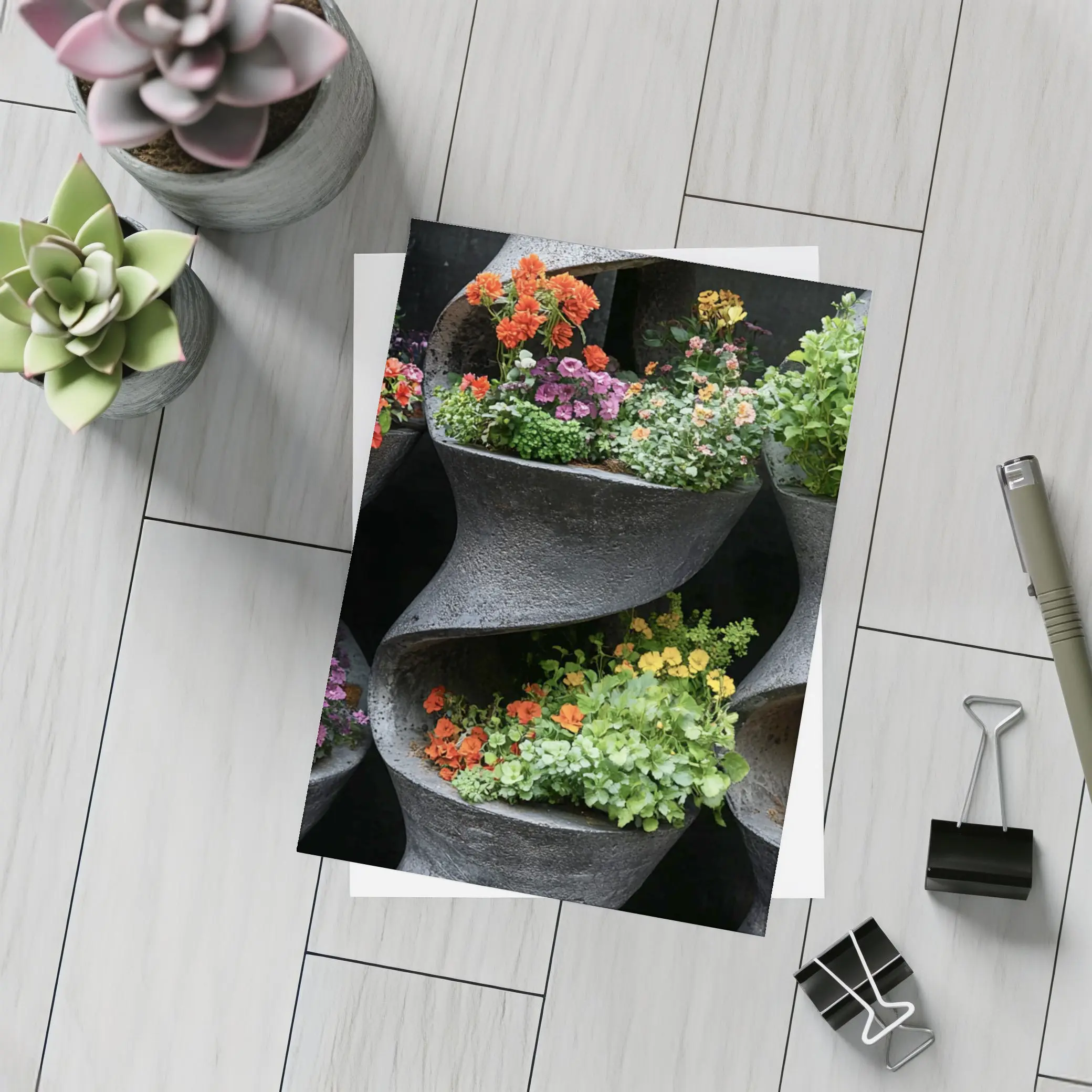 Colorful Flowers In Dark Spiral Wall Planters – Postcards