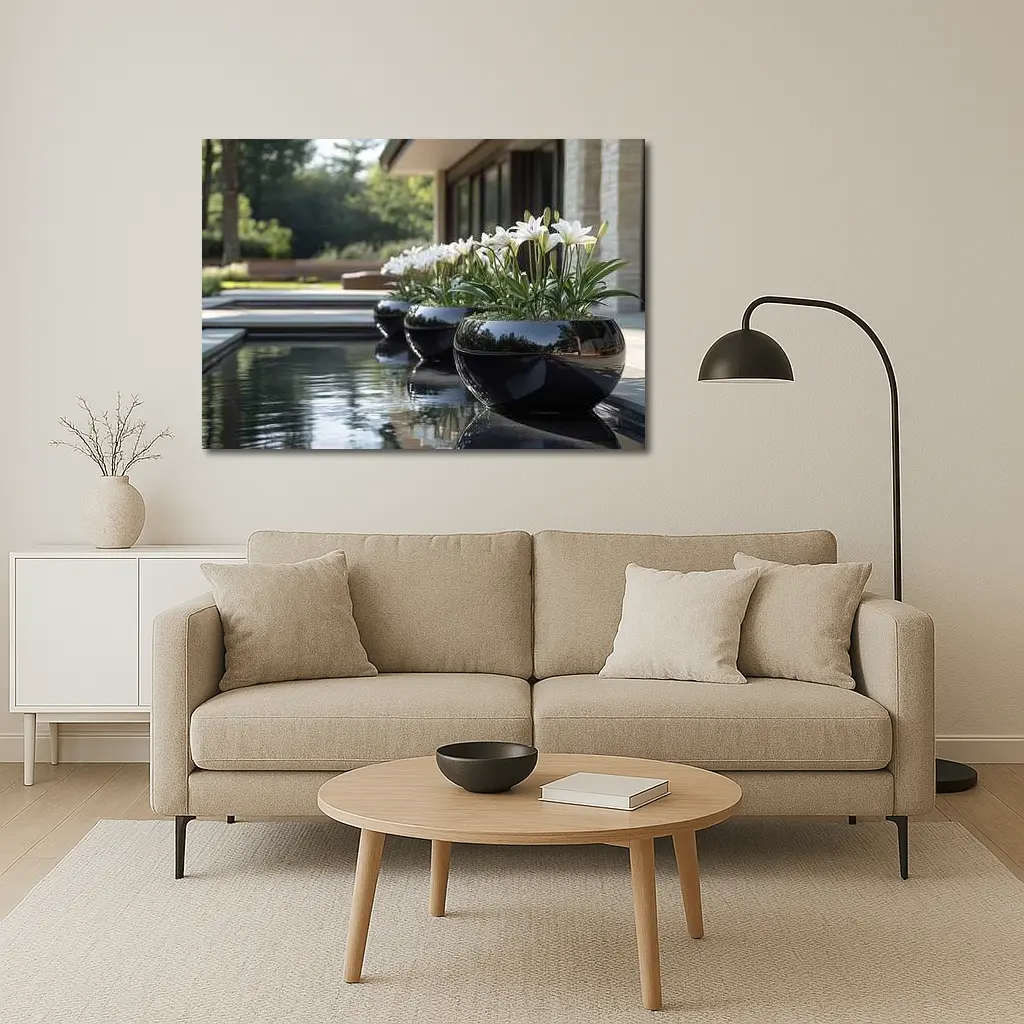 White Lilies Black Ceramic Pots Poolside Garden – Wall Art