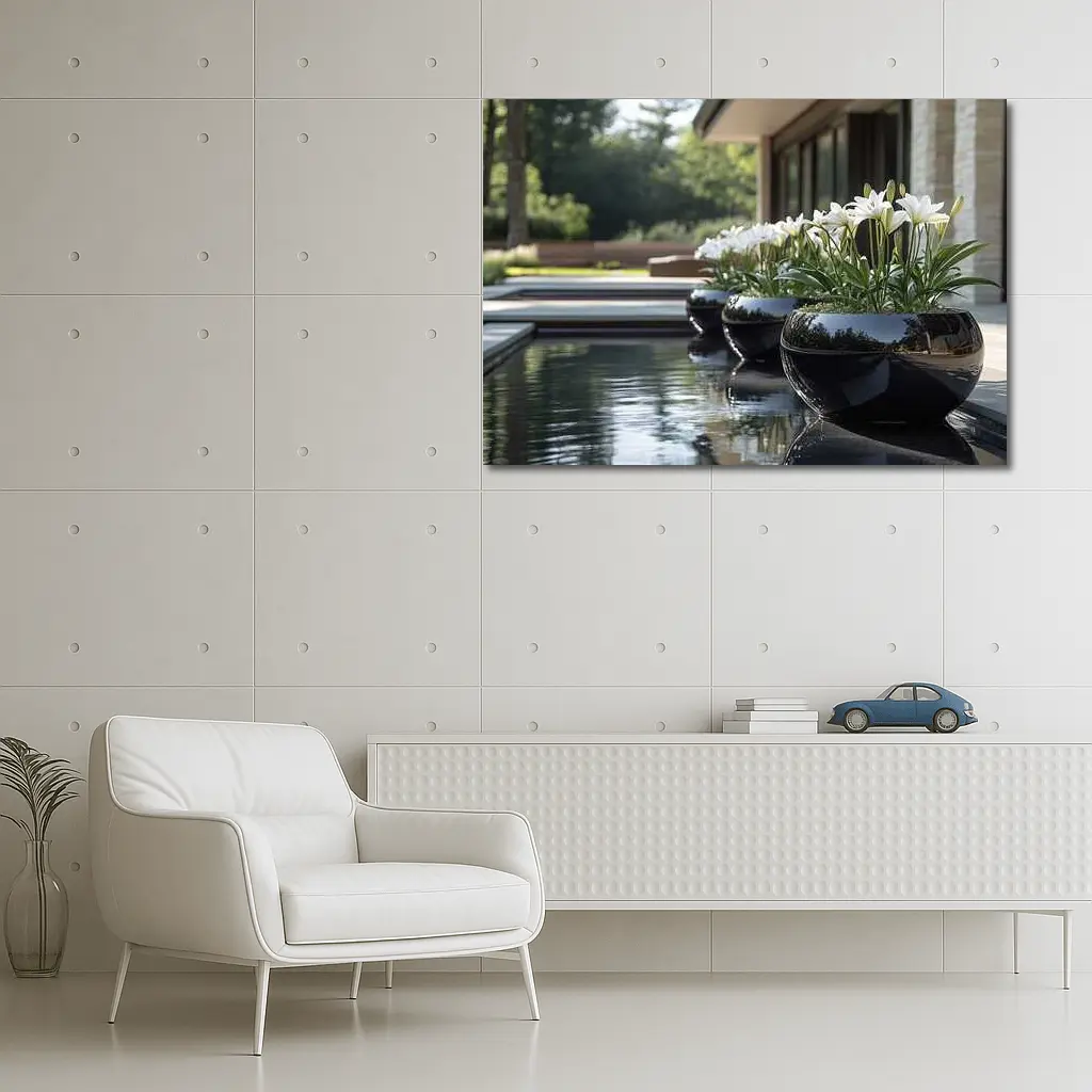 White Lilies Black Ceramic Pots Poolside Garden – Wall Art