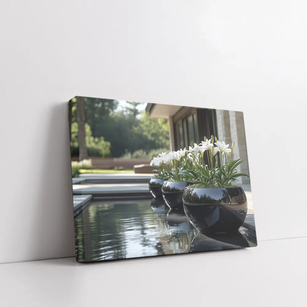 White Lilies Black Ceramic Pots Poolside Garden – Wall Art