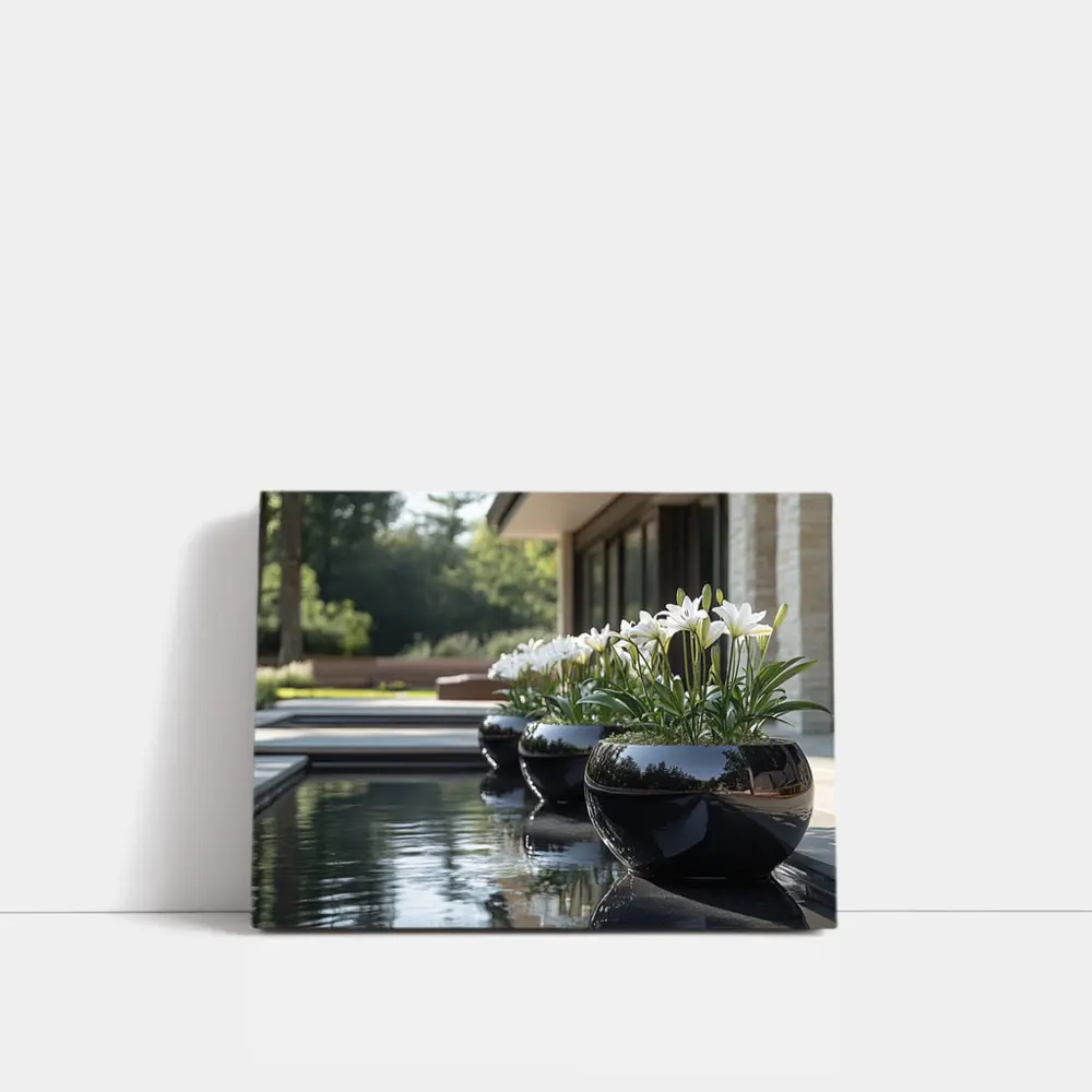 White Lilies Black Ceramic Pots Poolside Garden – Wall Art