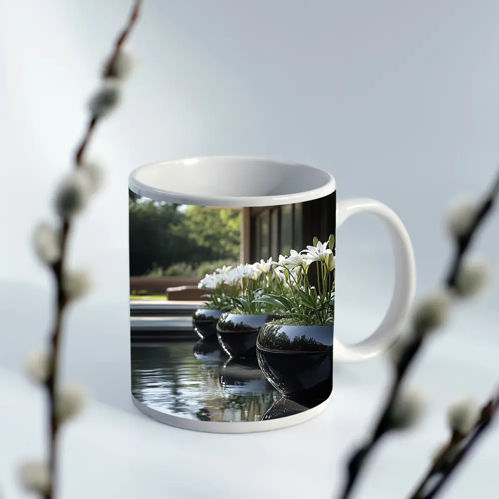 White Lilies Black Ceramic Pots Poolside Garden – Mugs