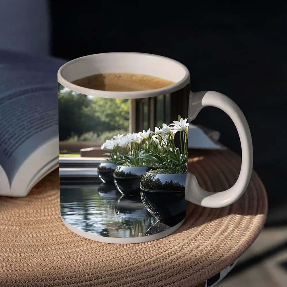 White Lilies Black Ceramic Pots Poolside Garden – Mugs