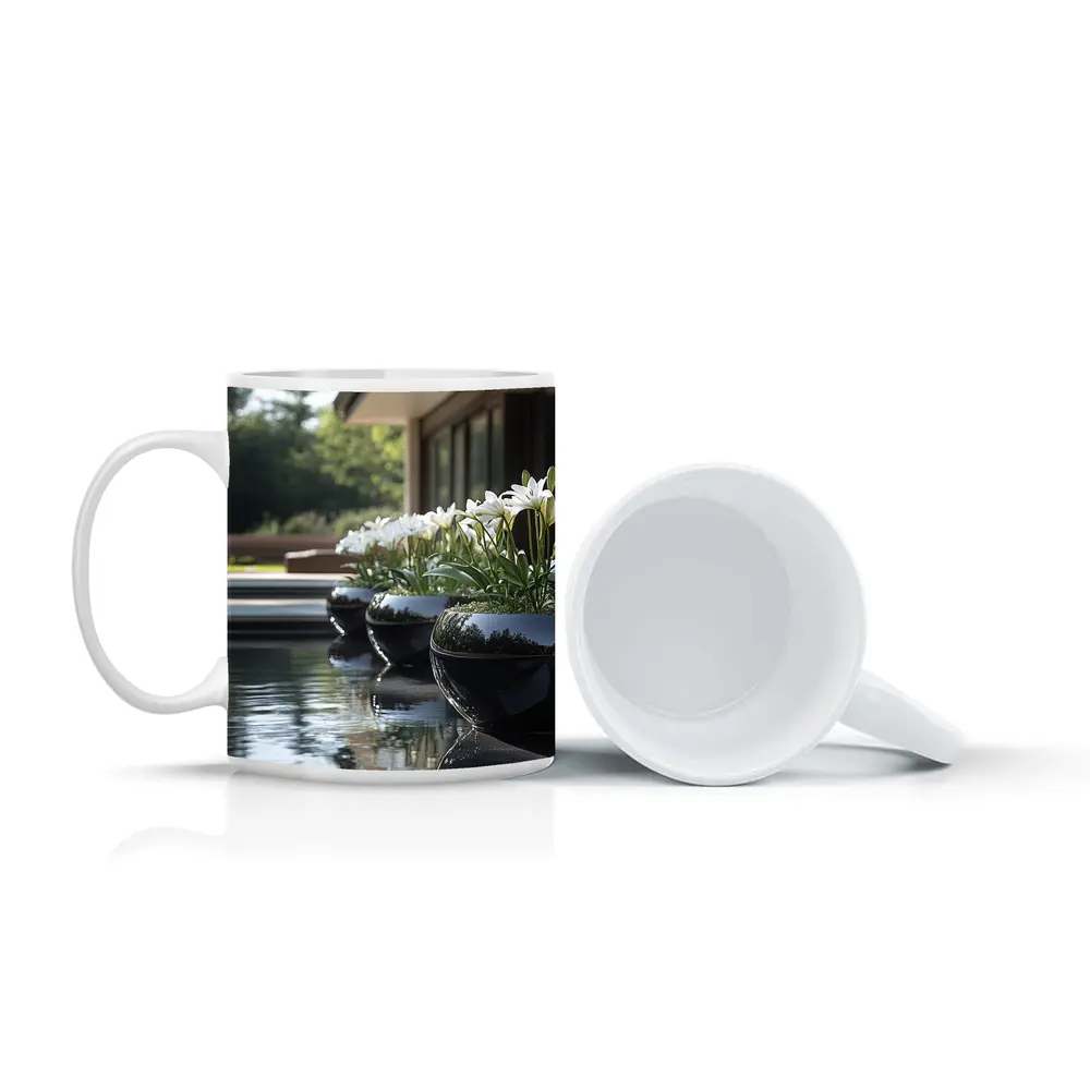 White Lilies Black Ceramic Pots Poolside Garden – Mugs