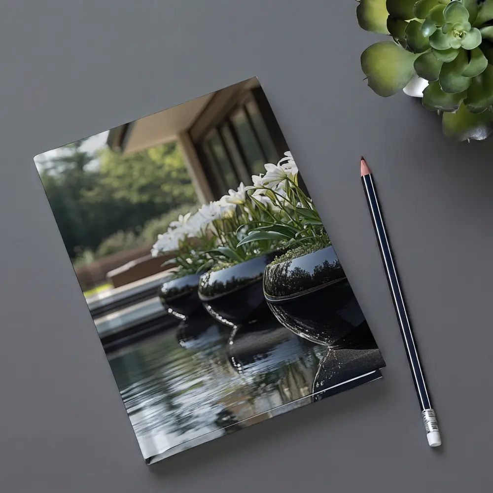 White Lilies Black Ceramic Pots Poolside Garden – Notebooks