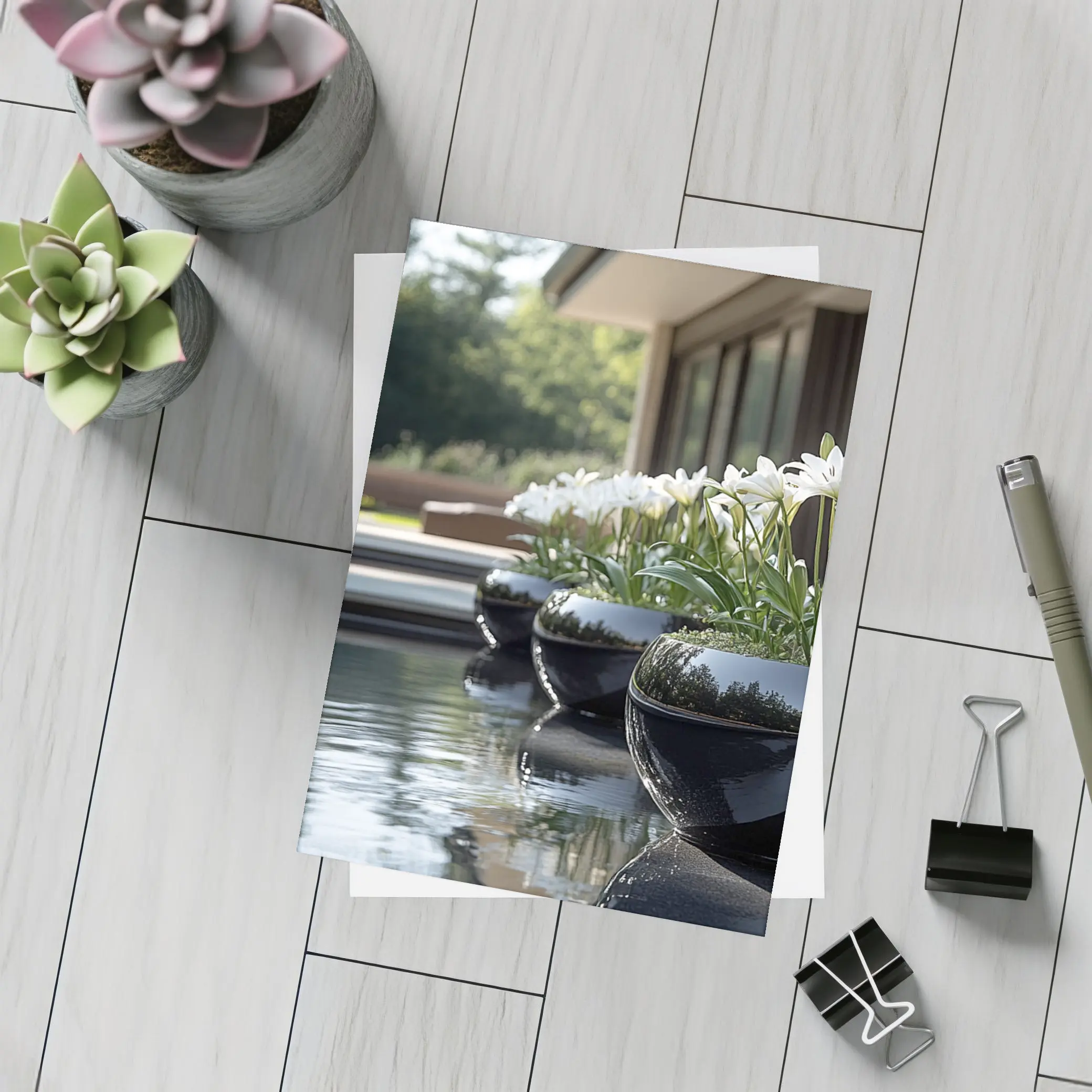 White Lilies Black Ceramic Pots Poolside Garden – Postcards