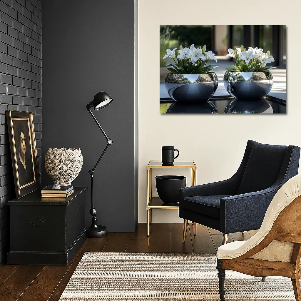 White Lilies Silver Bowl Vases Modern Interior – Wall Art