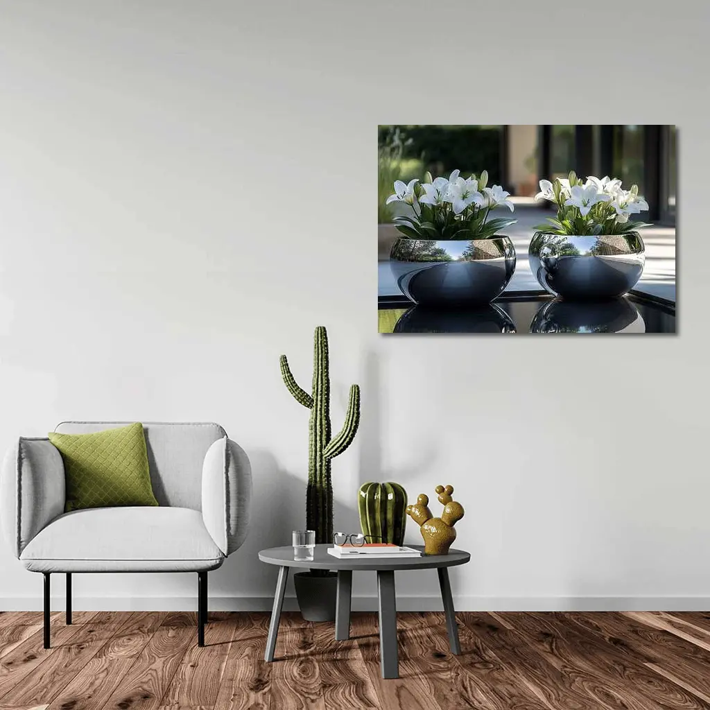 White Lilies Silver Bowl Vases Modern Interior – Wall Art