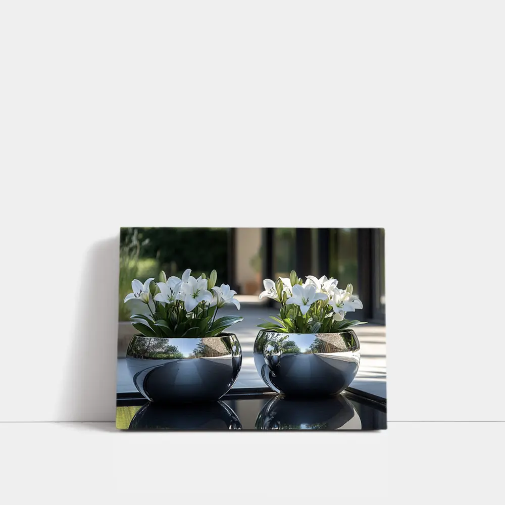 White Lilies Silver Bowl Vases Modern Interior – Wall Art