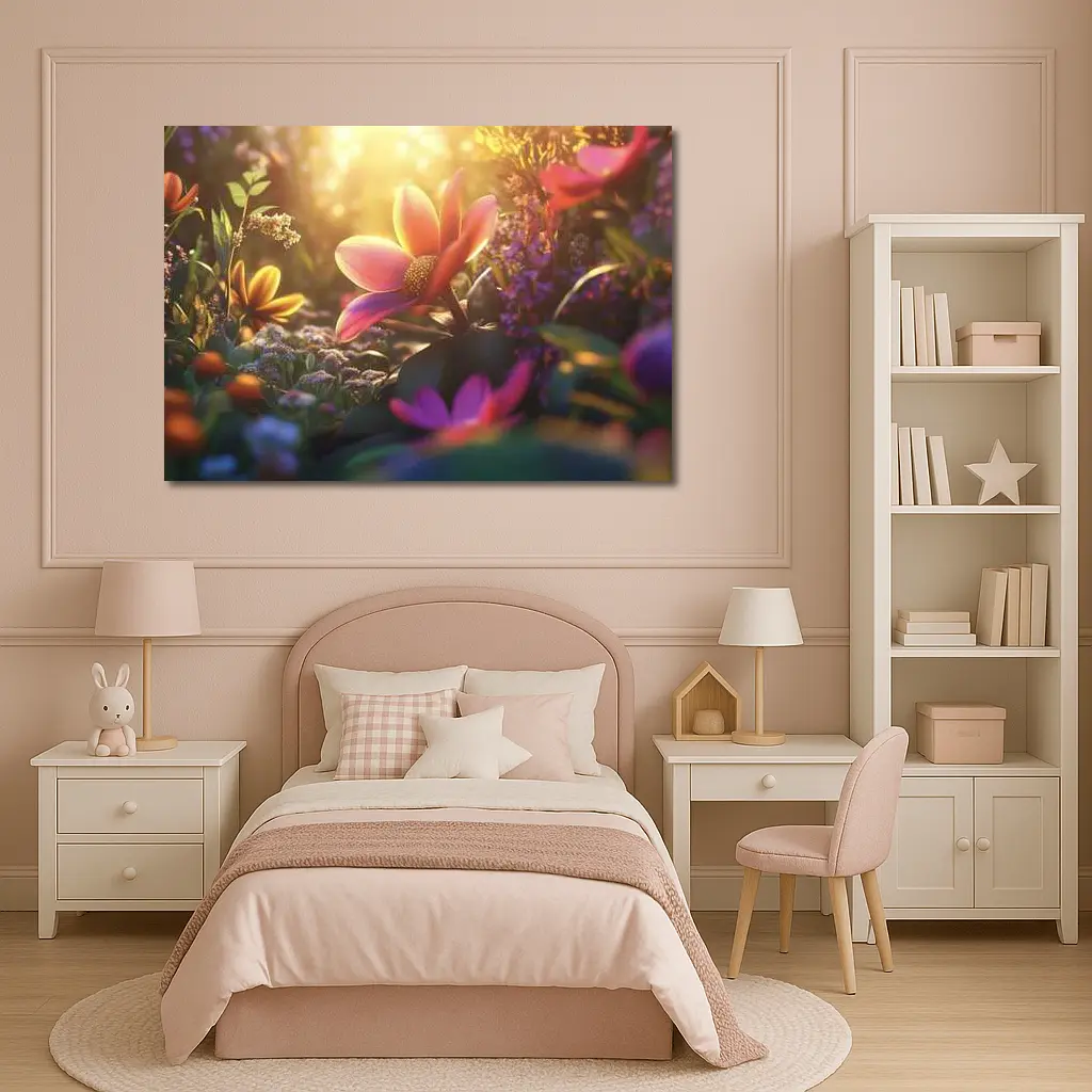 Pink Flowers Garden Warm Sunlight Glow – Wall Art