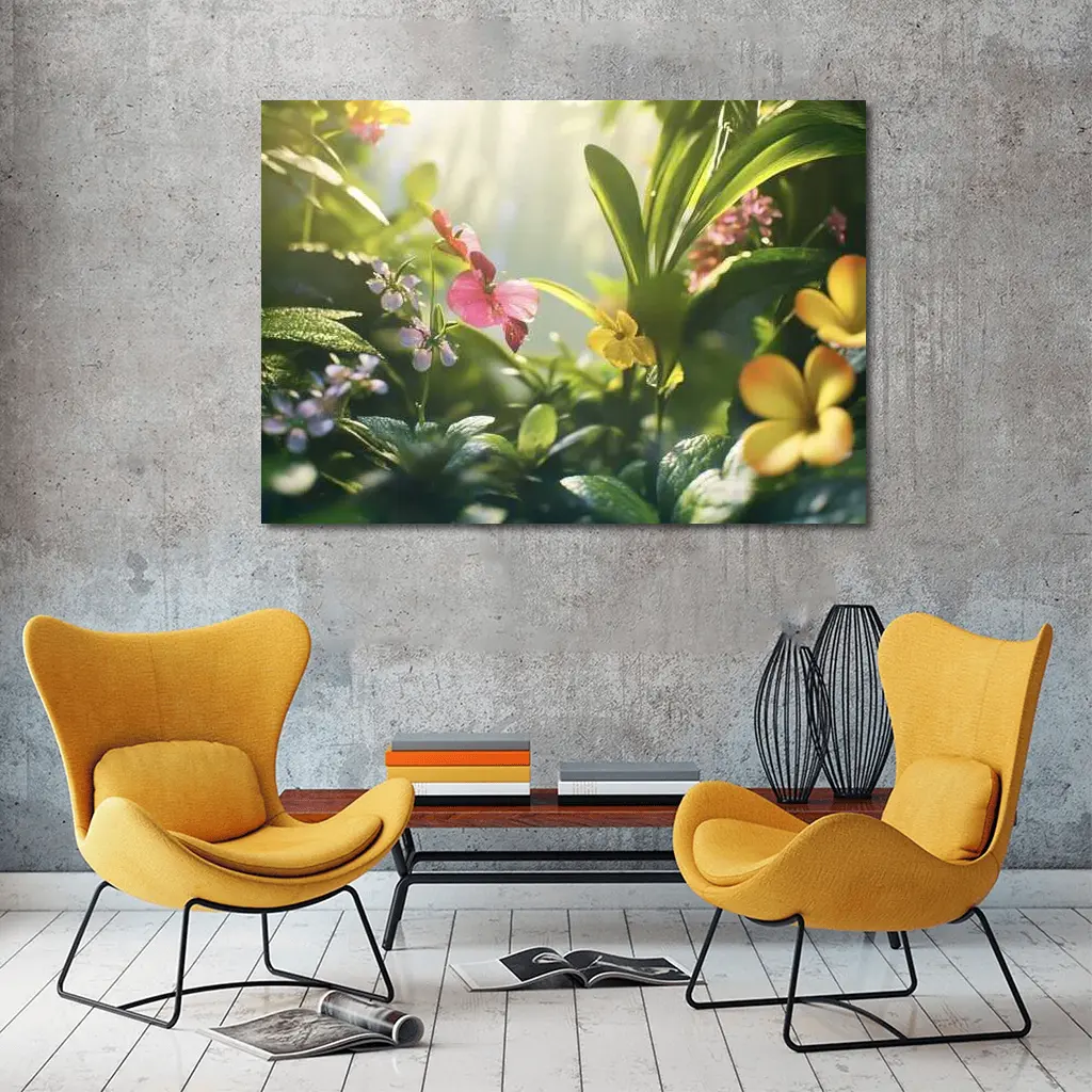 Tropical Flowers Garden Sunlit Green Leaves – Wall Art