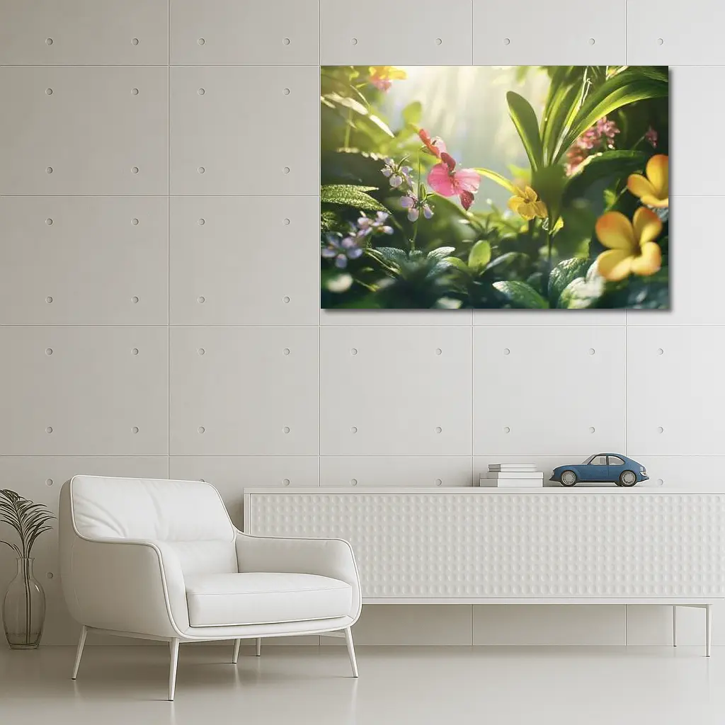 Tropical Flowers Garden Sunlit Green Leaves – Wall Art