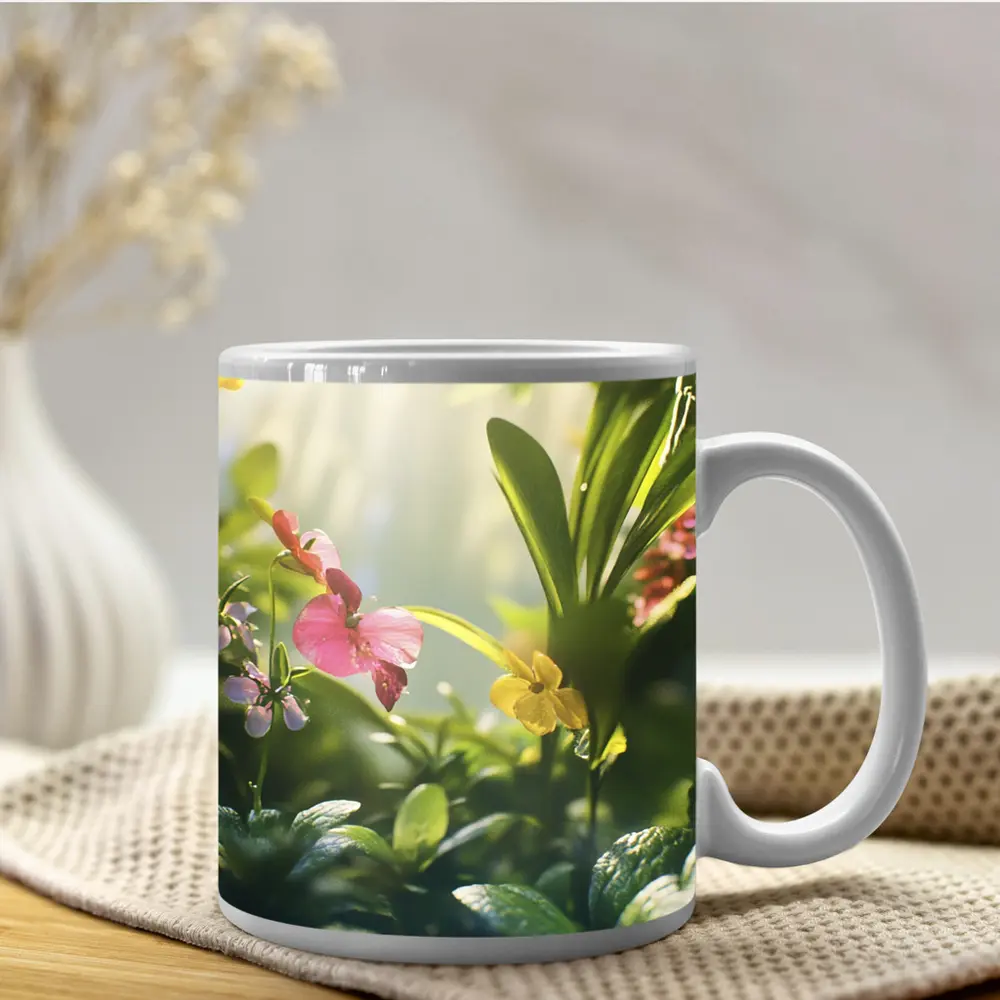 Tropical Flowers Garden Sunlit Green Leaves – Mugs