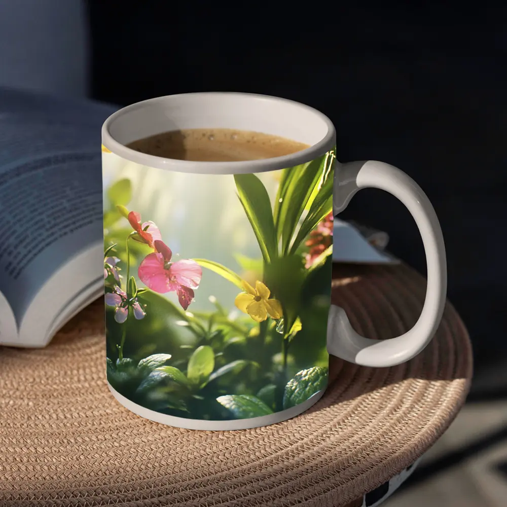 Tropical Flowers Garden Sunlit Green Leaves – Mugs