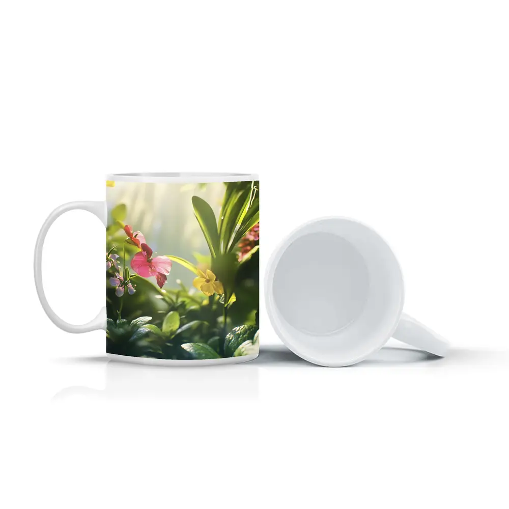 Tropical Flowers Garden Sunlit Green Leaves – Mugs