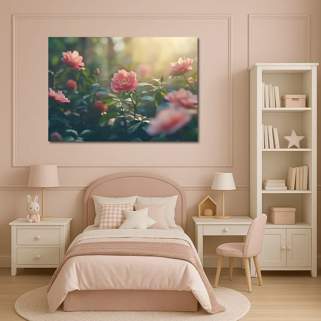 Pink Roses Blooming in Sunny Garden – Wall Art