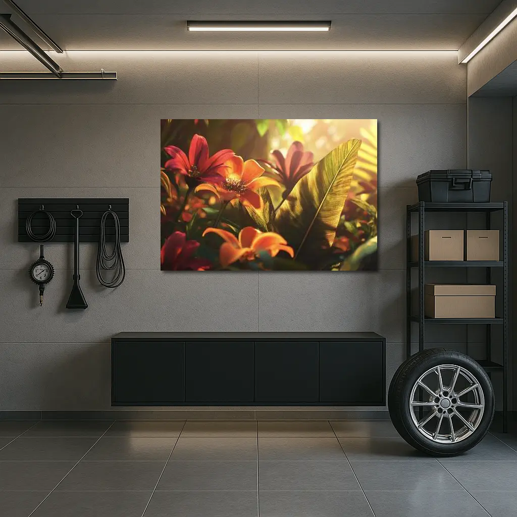 Tropical Flowers Warm Sunlit Garden Scene – Wall Art