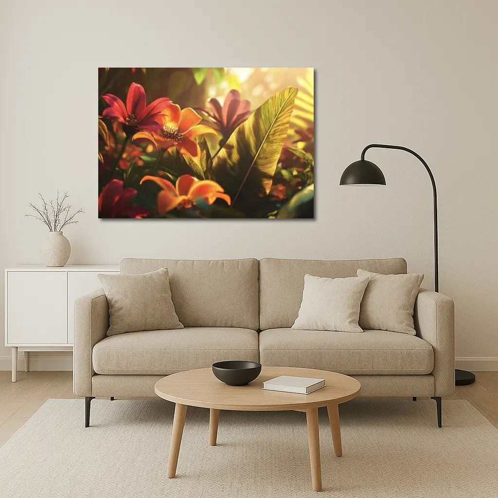 Tropical Flowers Warm Sunlit Garden Scene – Wall Art