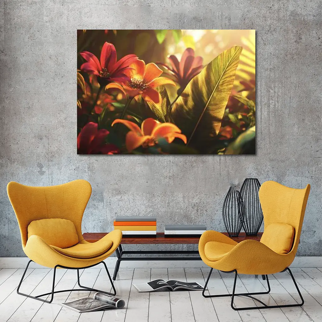 Tropical Flowers Warm Sunlit Garden Scene – Wall Art