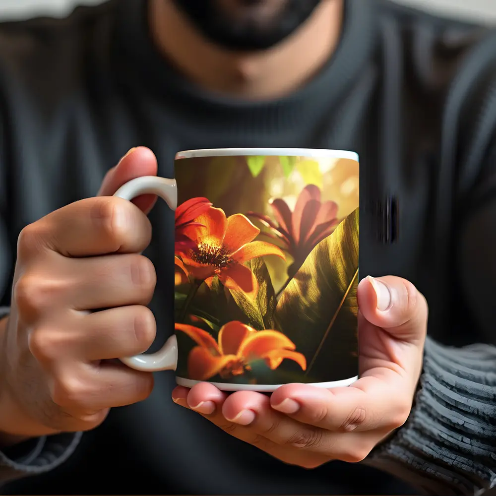 Tropical Flowers Warm Sunlit Garden Scene – Mugs