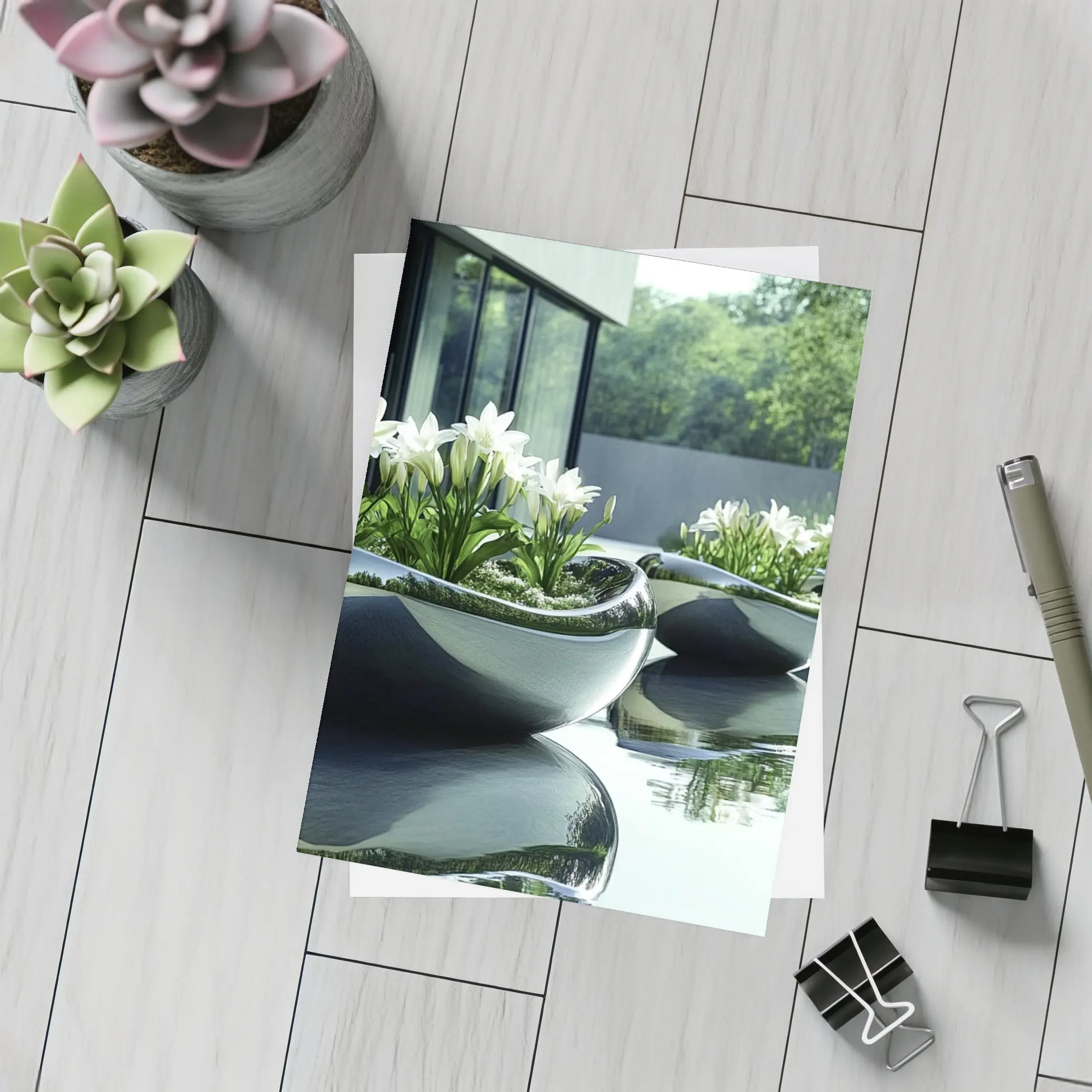 Modern Stone Planters White Lilies Poolside – Postcards