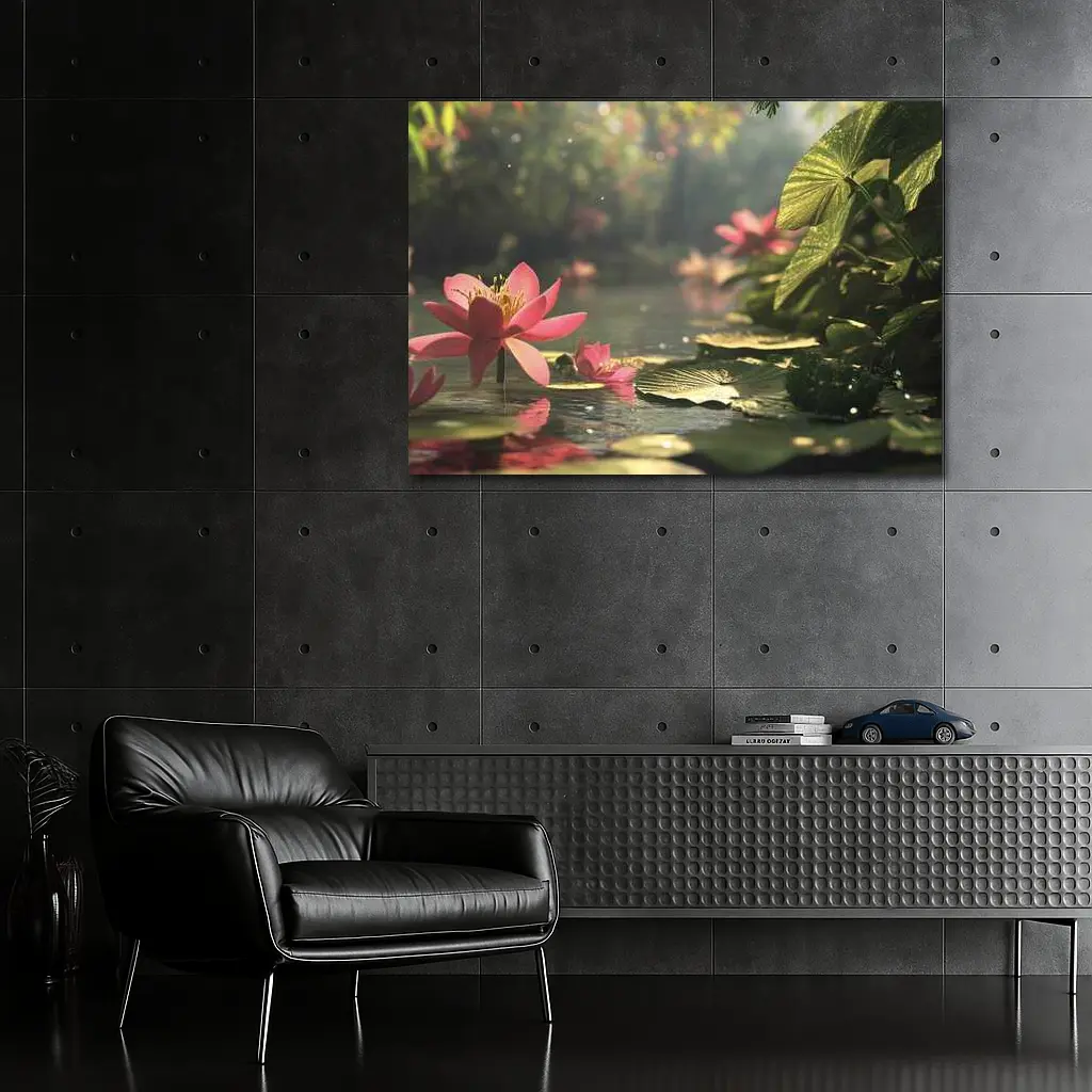 Pink Lotus Flowers Floating on Serene Pond – Wall Art