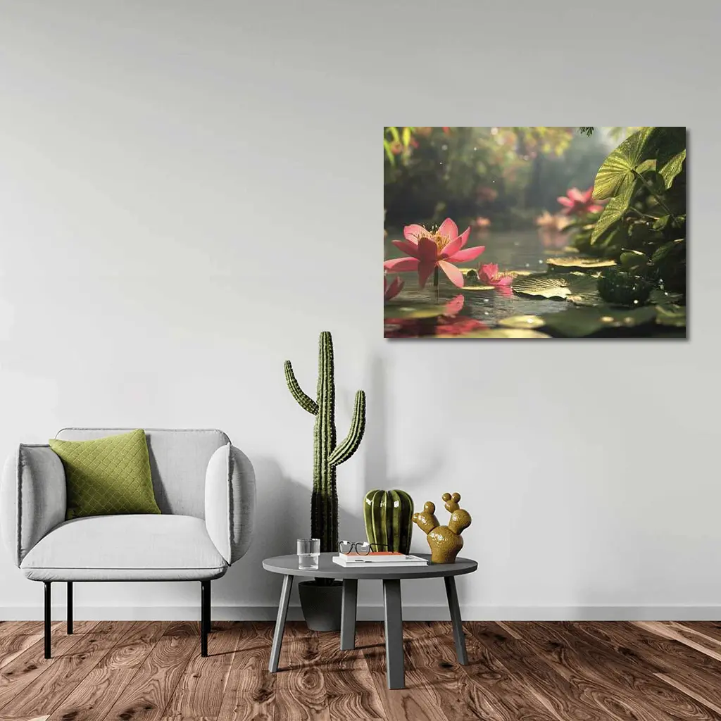 Pink Lotus Flowers Floating on Serene Pond – Wall Art