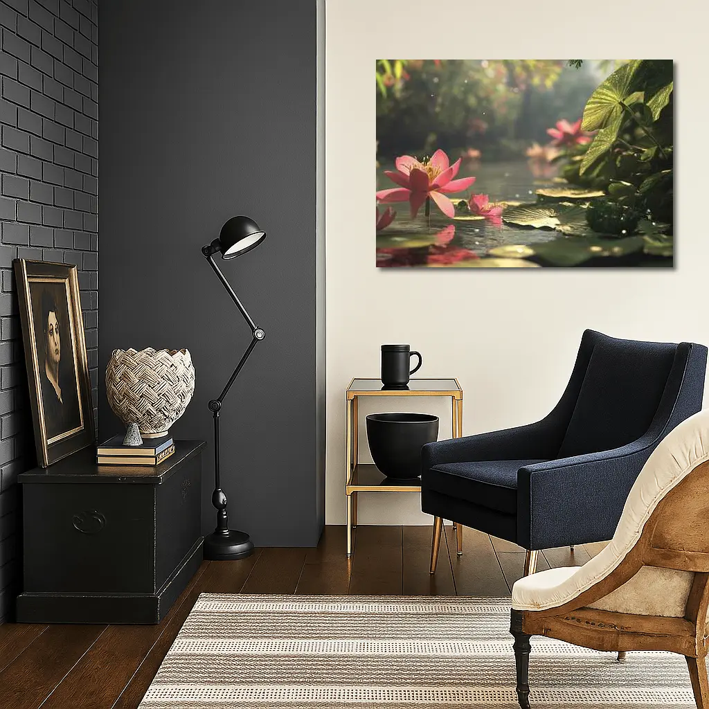 Pink Lotus Flowers Floating on Serene Pond – Wall Art