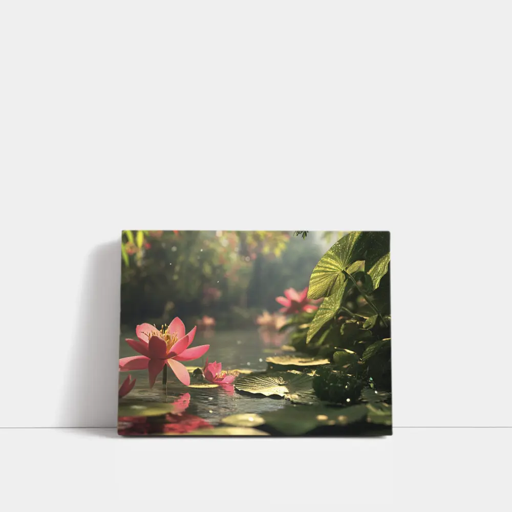Pink Lotus Flowers Floating on Serene Pond – Wall Art