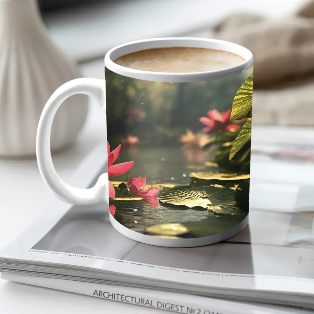 Pink Lotus Flowers Floating on Serene Pond – Mugs