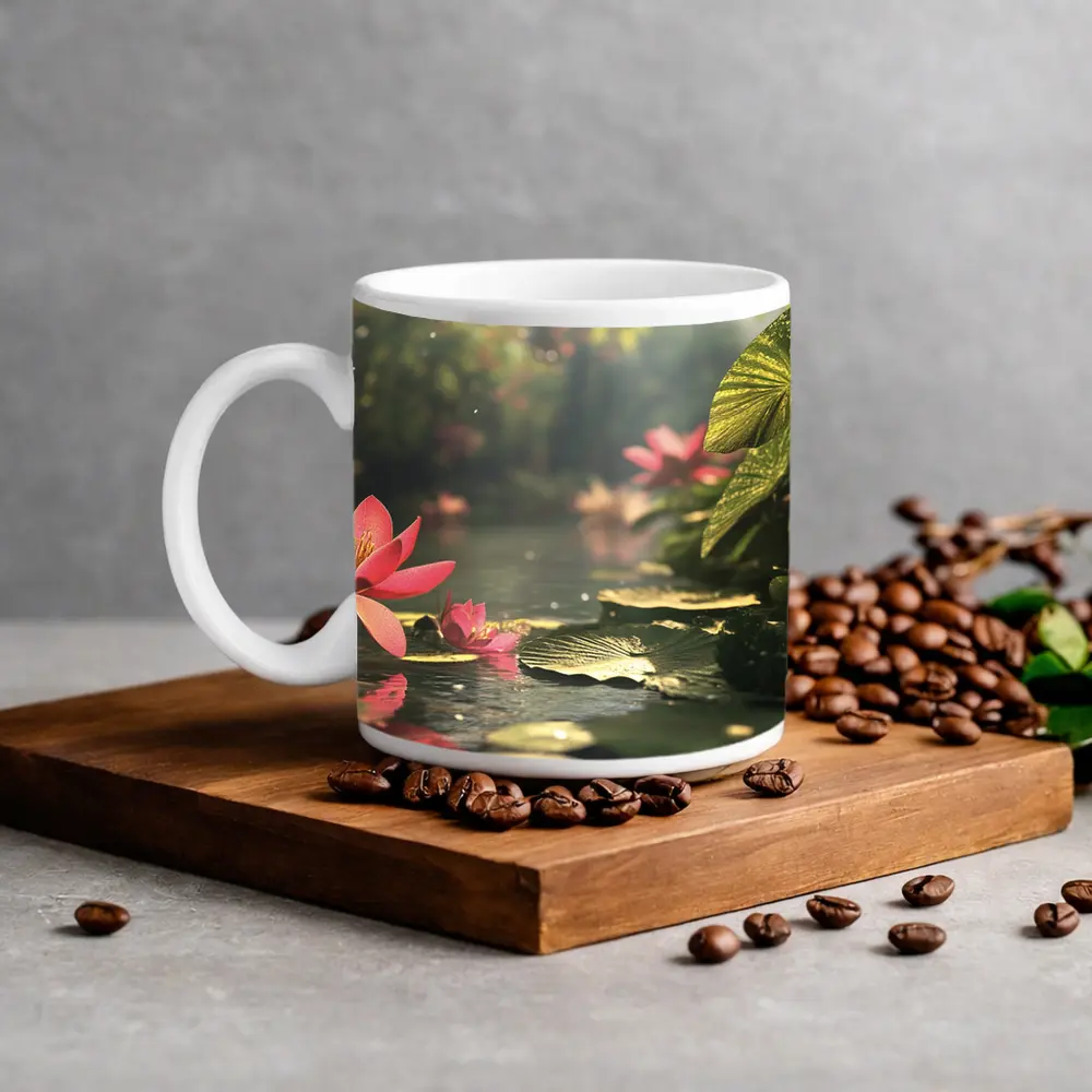 Pink Lotus Flowers Floating on Serene Pond – Mugs