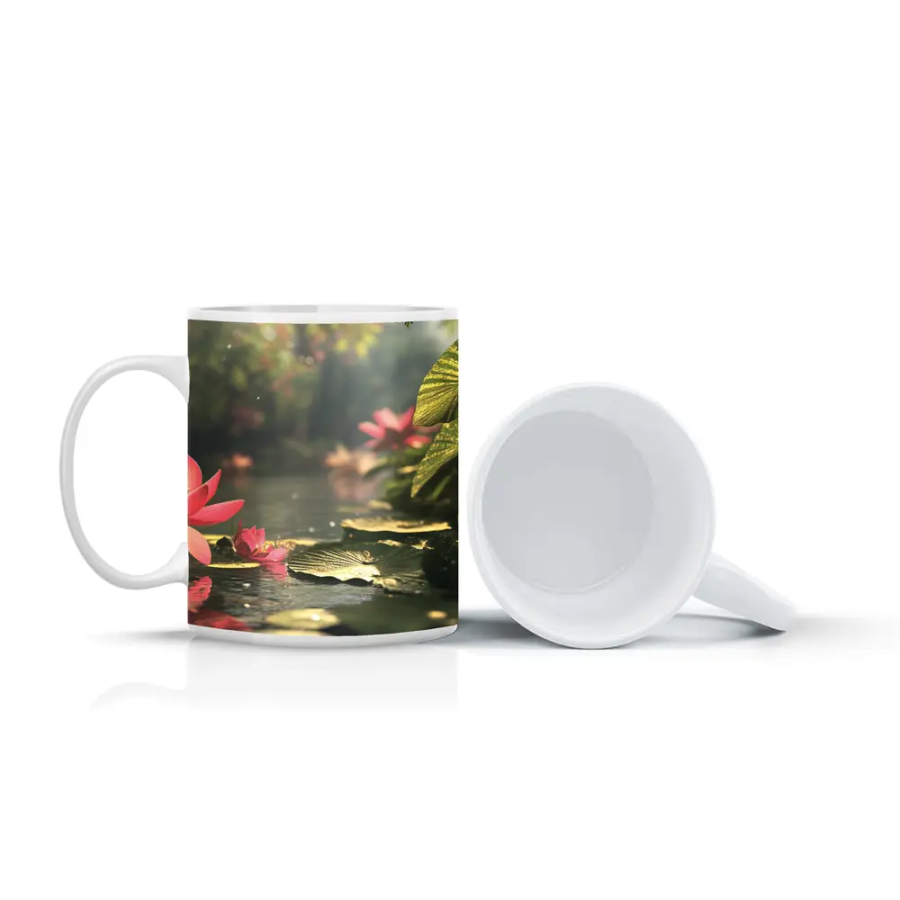 Pink Lotus Flowers Floating on Serene Pond – Mugs
