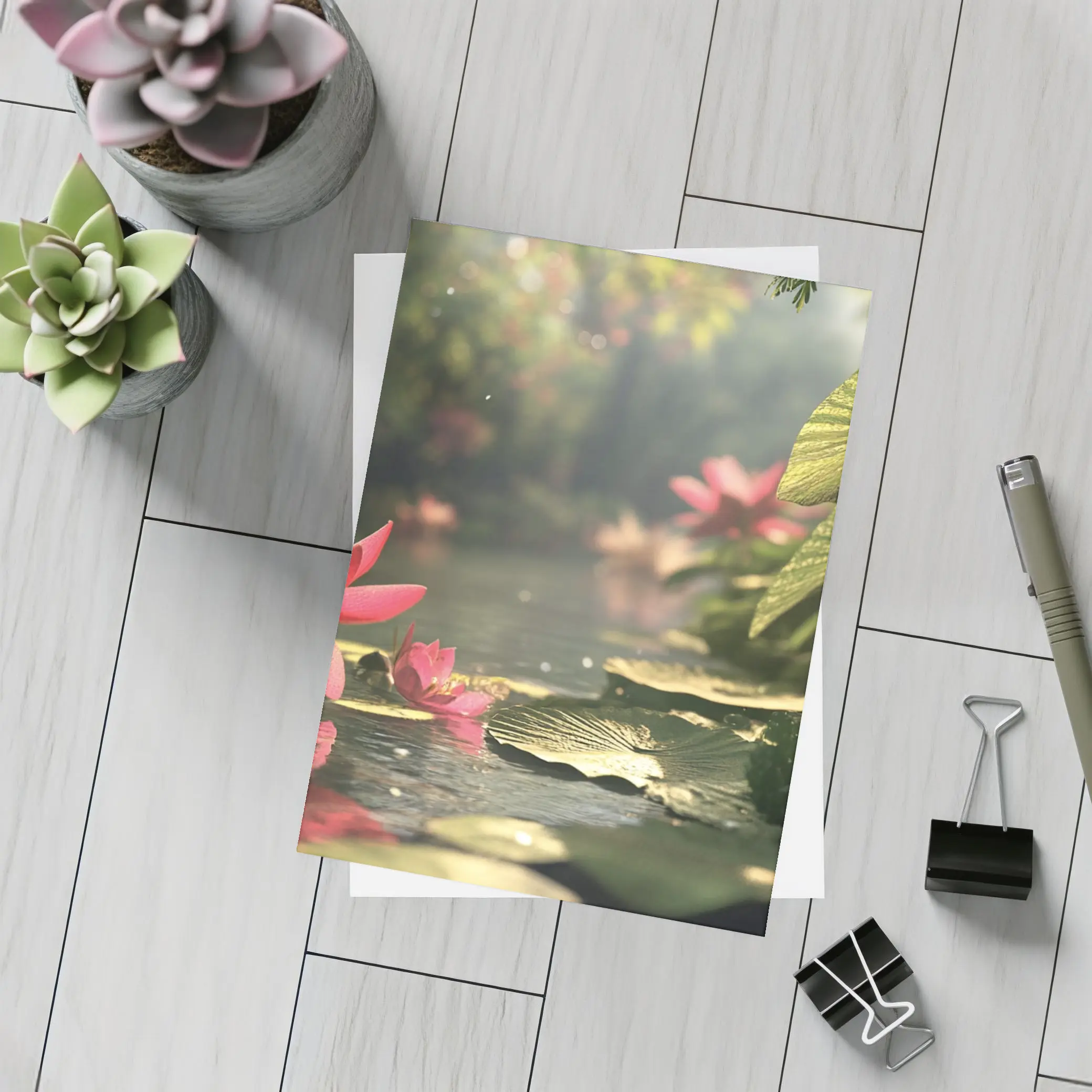 Pink Lotus Flowers Floating on Serene Pond – Postcards