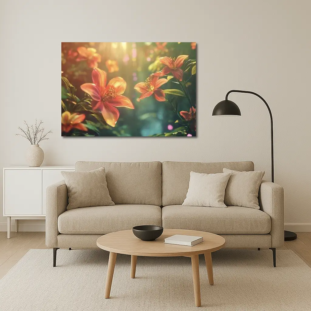 Orange Lilies Blooming in Sunlit Forest – Wall Art