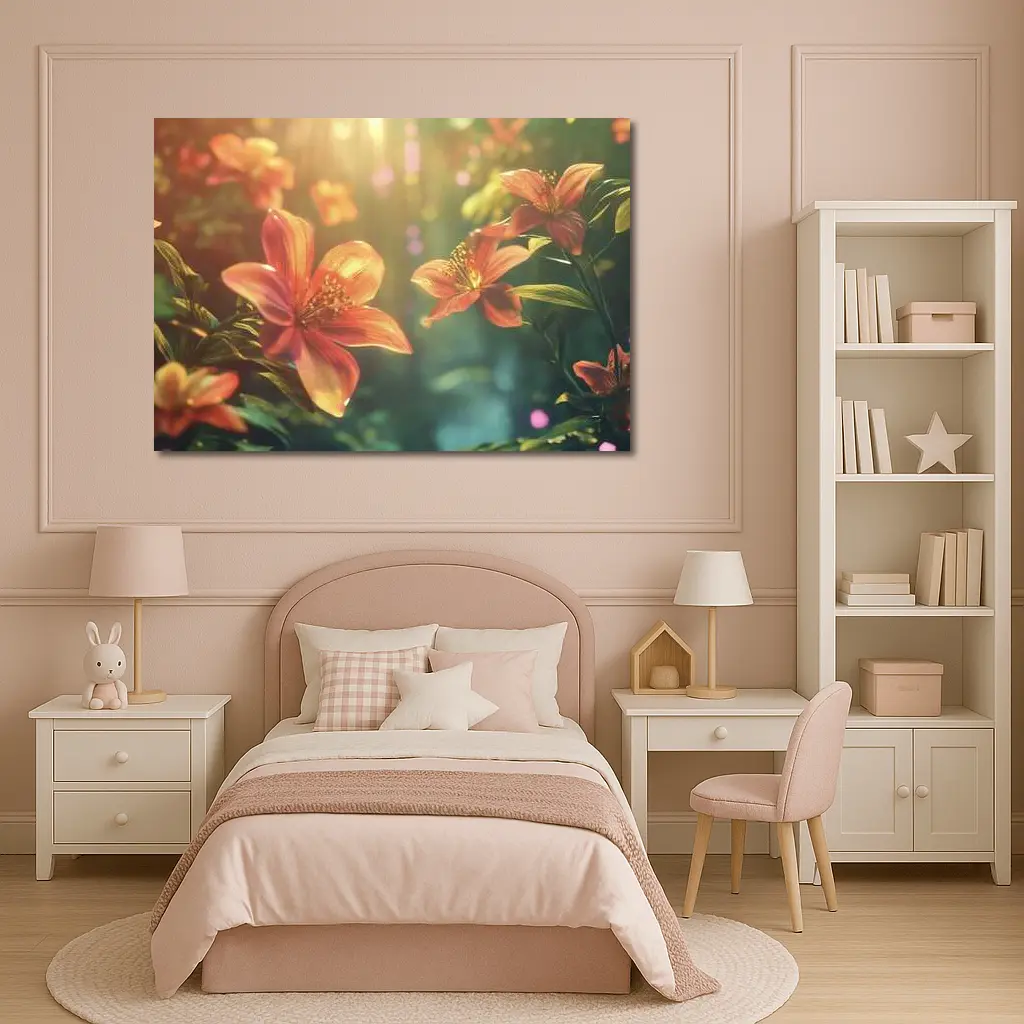 Orange Lilies Blooming in Sunlit Forest – Wall Art