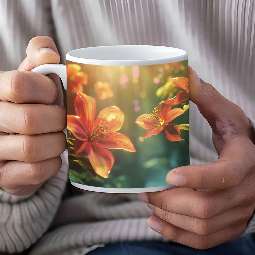 Orange Lilies Blooming in Sunlit Forest – Mugs