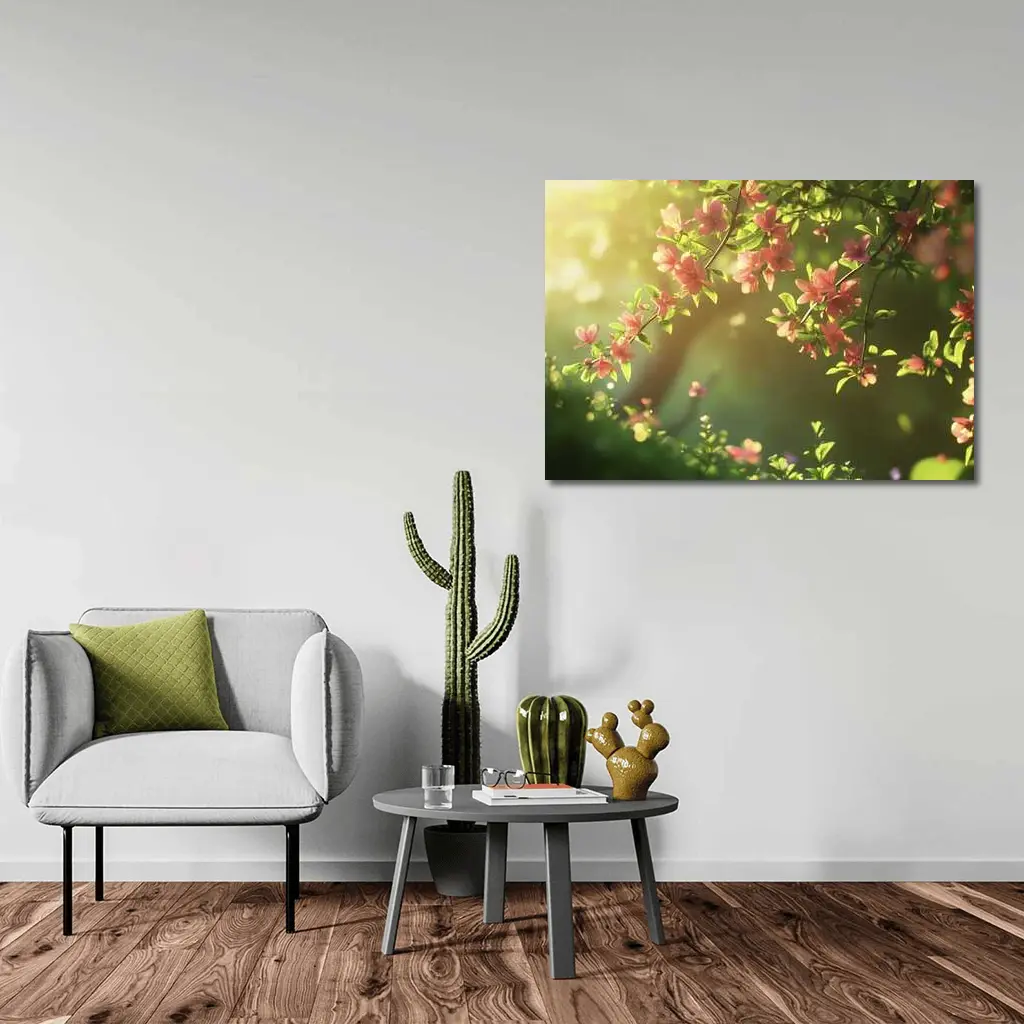 Pink Cherry Blossoms Soft Green Garden Background – Wall Art