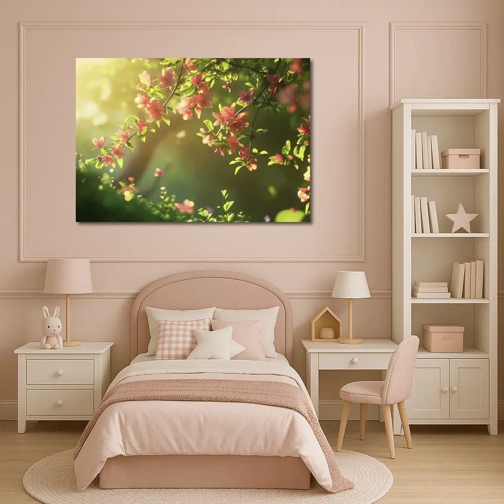 Pink Cherry Blossoms Soft Green Garden Background – Wall Art