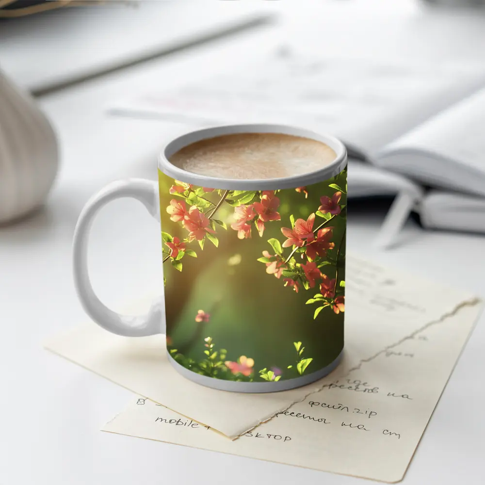 Pink Cherry Blossoms Soft Green Garden Background – Mugs