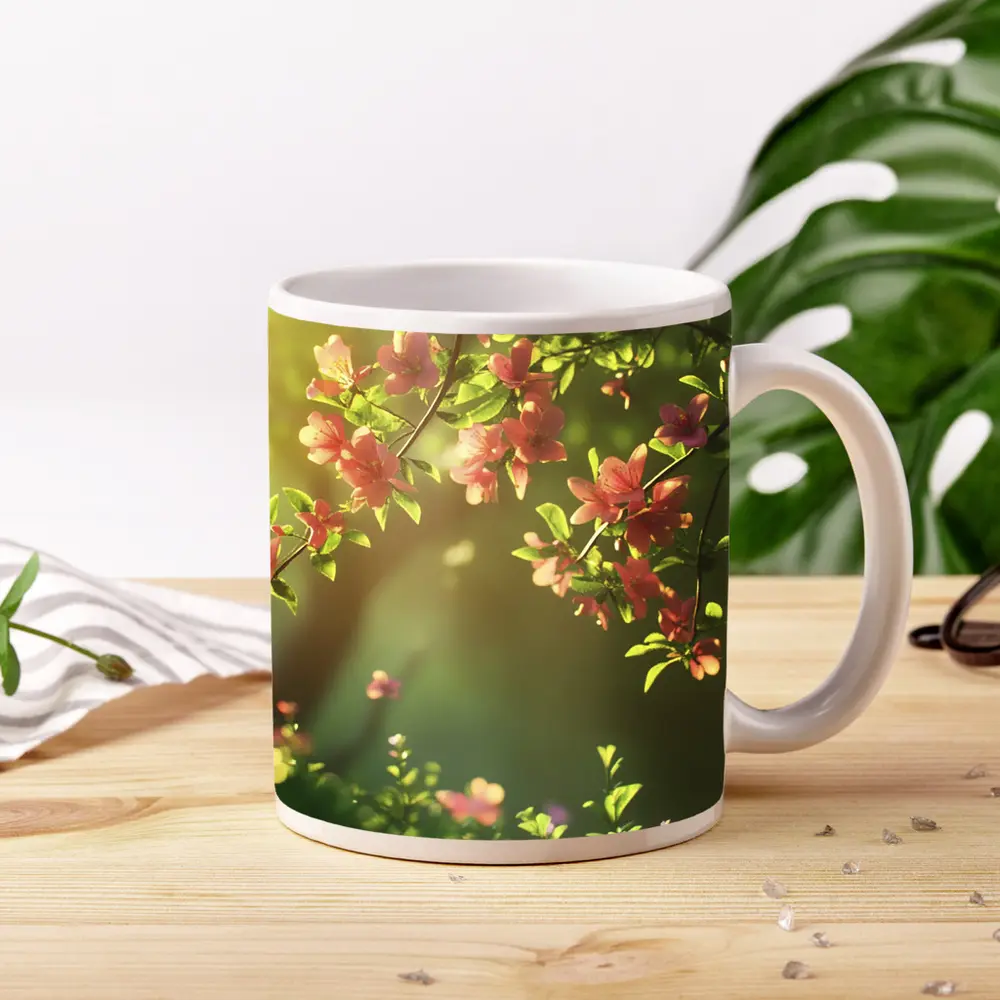Pink Cherry Blossoms Soft Green Garden Background – Mugs