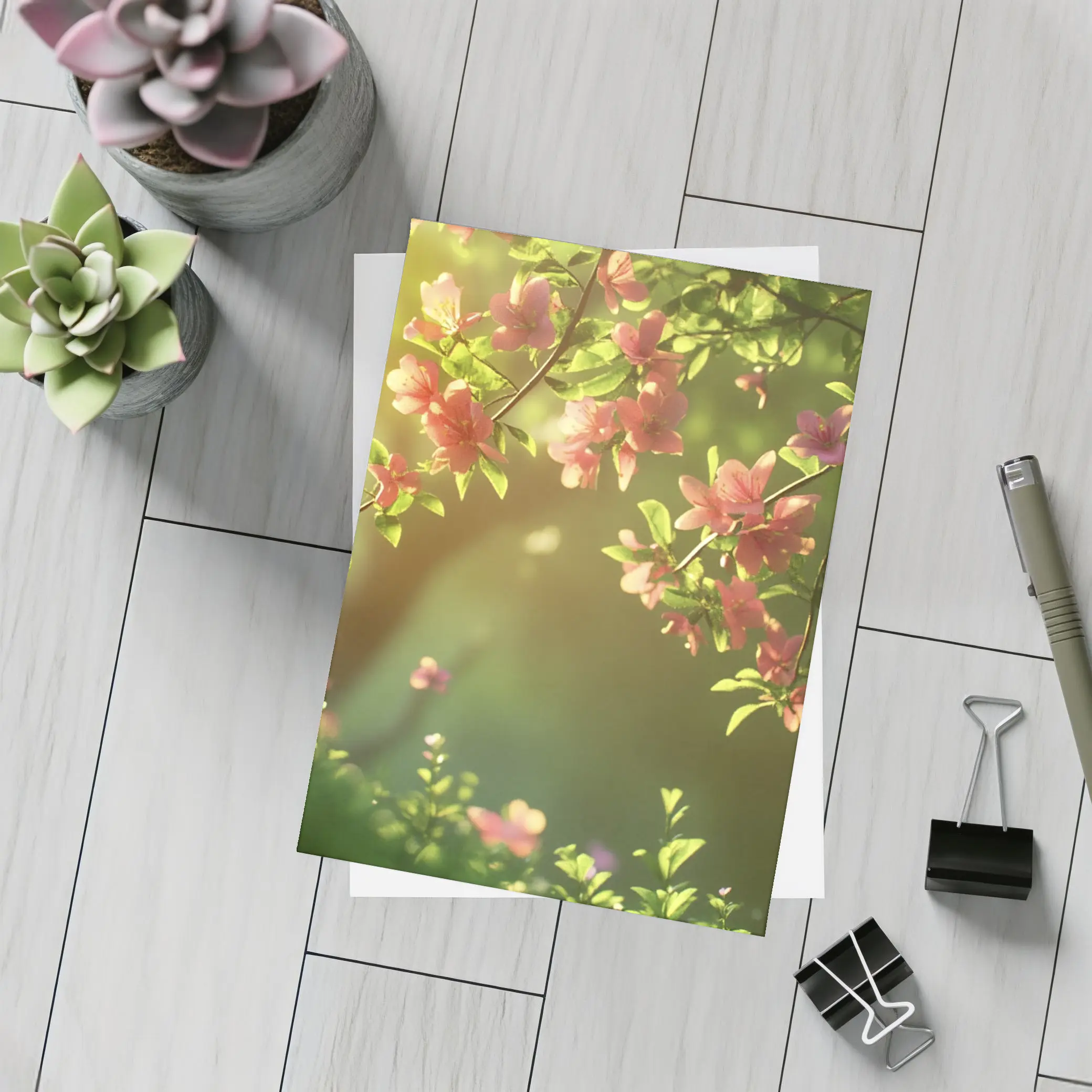 Pink Cherry Blossoms Soft Green Garden Background – Postcards