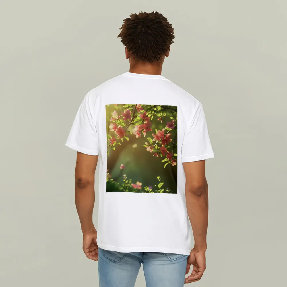 Pink Cherry Blossoms Soft Green Garden Background – T-Shirts
