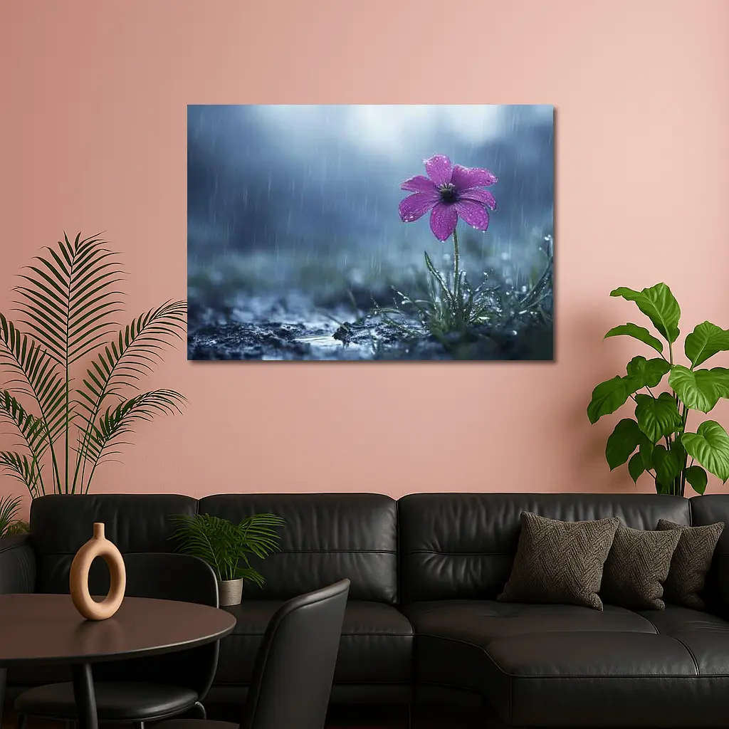 Purple Flower Standing Alone In Rain – Wall Art