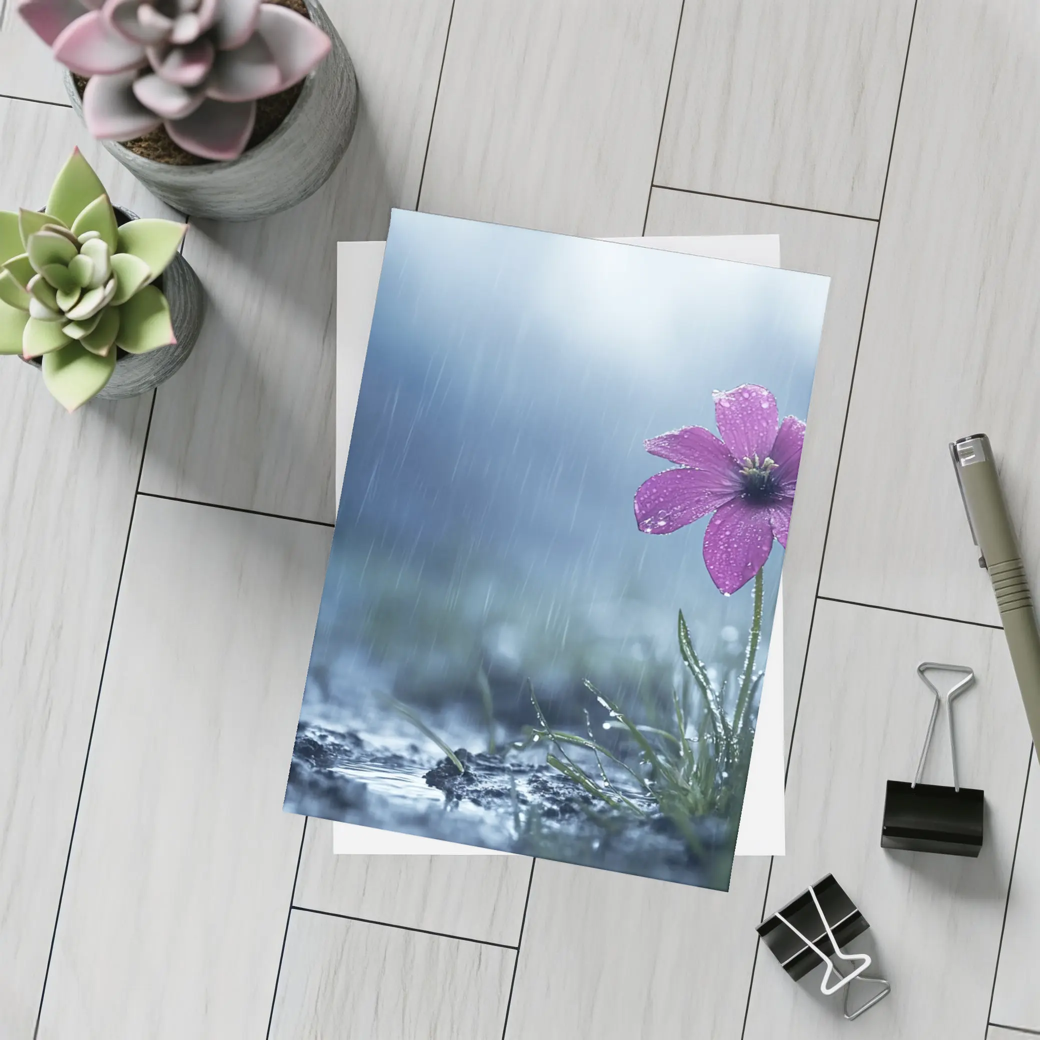 Purple Flower Standing Alone In Rain – Postcards