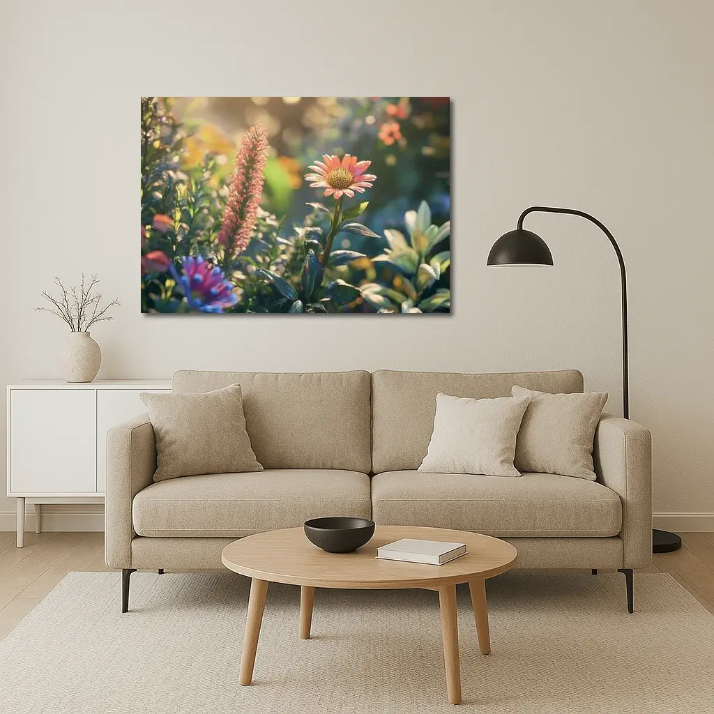 Pink Gerbera Daisy Garden Sunlit Scene – Wall Art